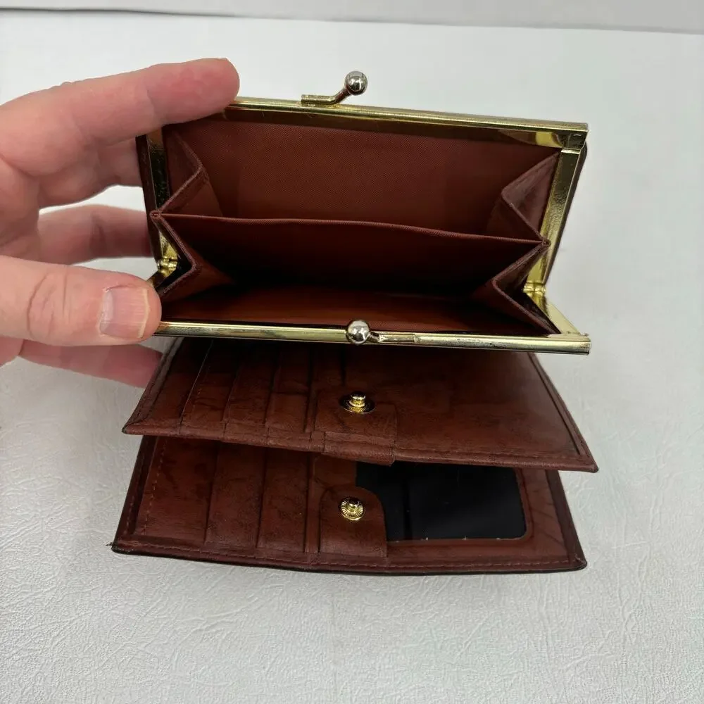 Buxton Leather Wallet Brown Top Grain Cowhide ID Credit‎ Card Kiss Lock Coin